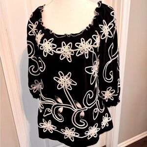 Black and White Ruffled 3/4 Sleeve Embellished Blouse